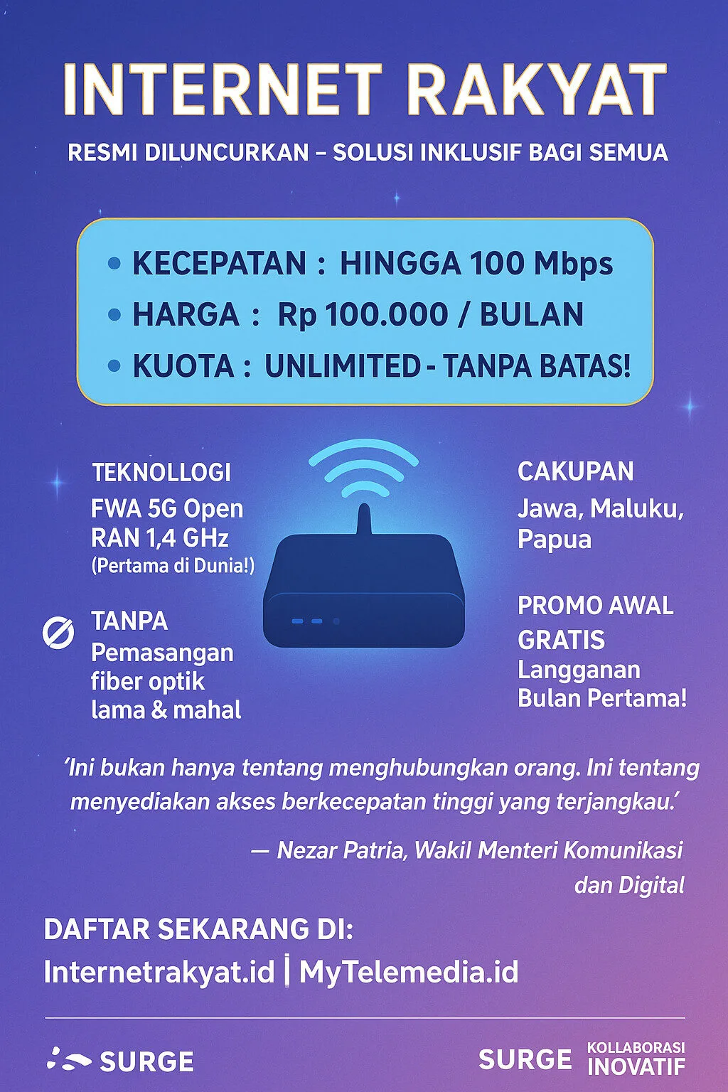 Internet Rakyat Resmi Diluncurkan, 100 Mbps Rp 100 Ribu per Bulan ...