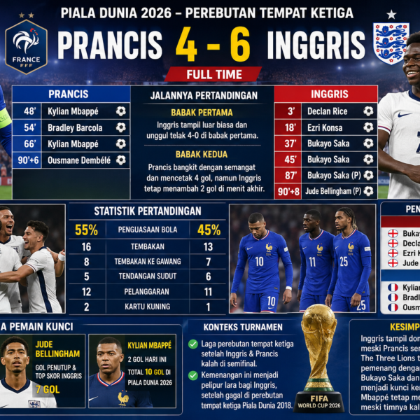 Pesta Gol 10 Gol di Perebutan Juara 3: Inggris Bungkam Prancis 6-4, Bukayo Saka Cetak Hat-trick!