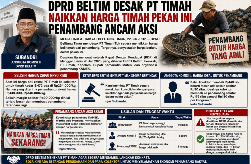 DPRD Beltim Desak PT Timah Naikkan Harga Timah Pekan Ini, Penambang Ancam Aksi