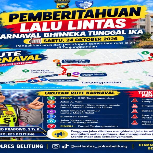 Polres Belitung Umumkan Pengalihan Arus Lalu Lintas Karnaval Bhinneka Tunggal Ika 24 Oktober, Ini Rute Lengkap dan Titik Penutupan