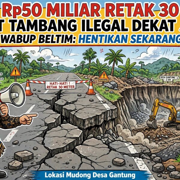 Jalan Manggar–Gantung Retak 30 Meter Akibat Tambang Ilegal, Wabup Beltim Turun Tangan: Hentikan Sekarang Juga!